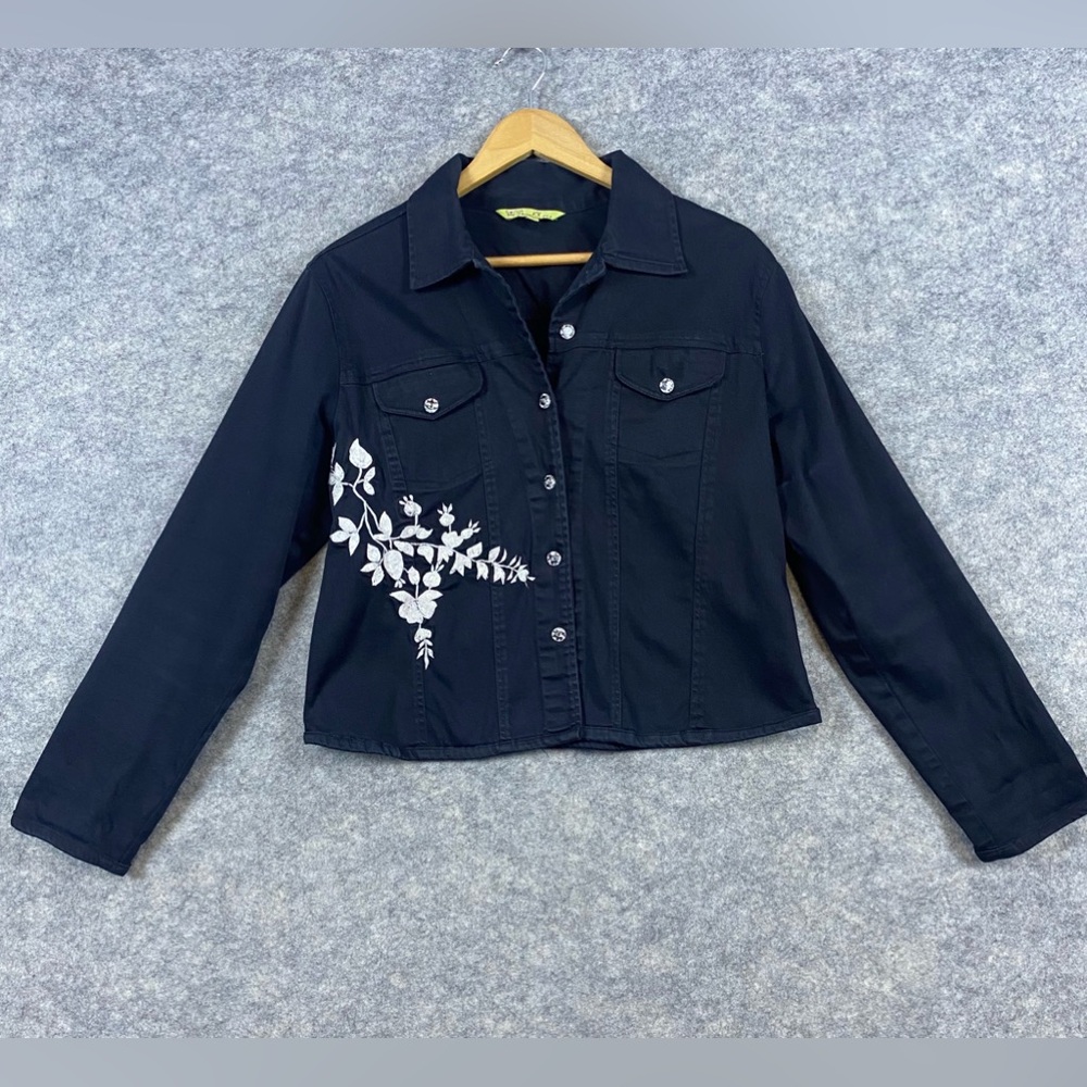 Daniel K Vintage Jean Jacket Women Size XL Black Floral Embroidery Lightweight